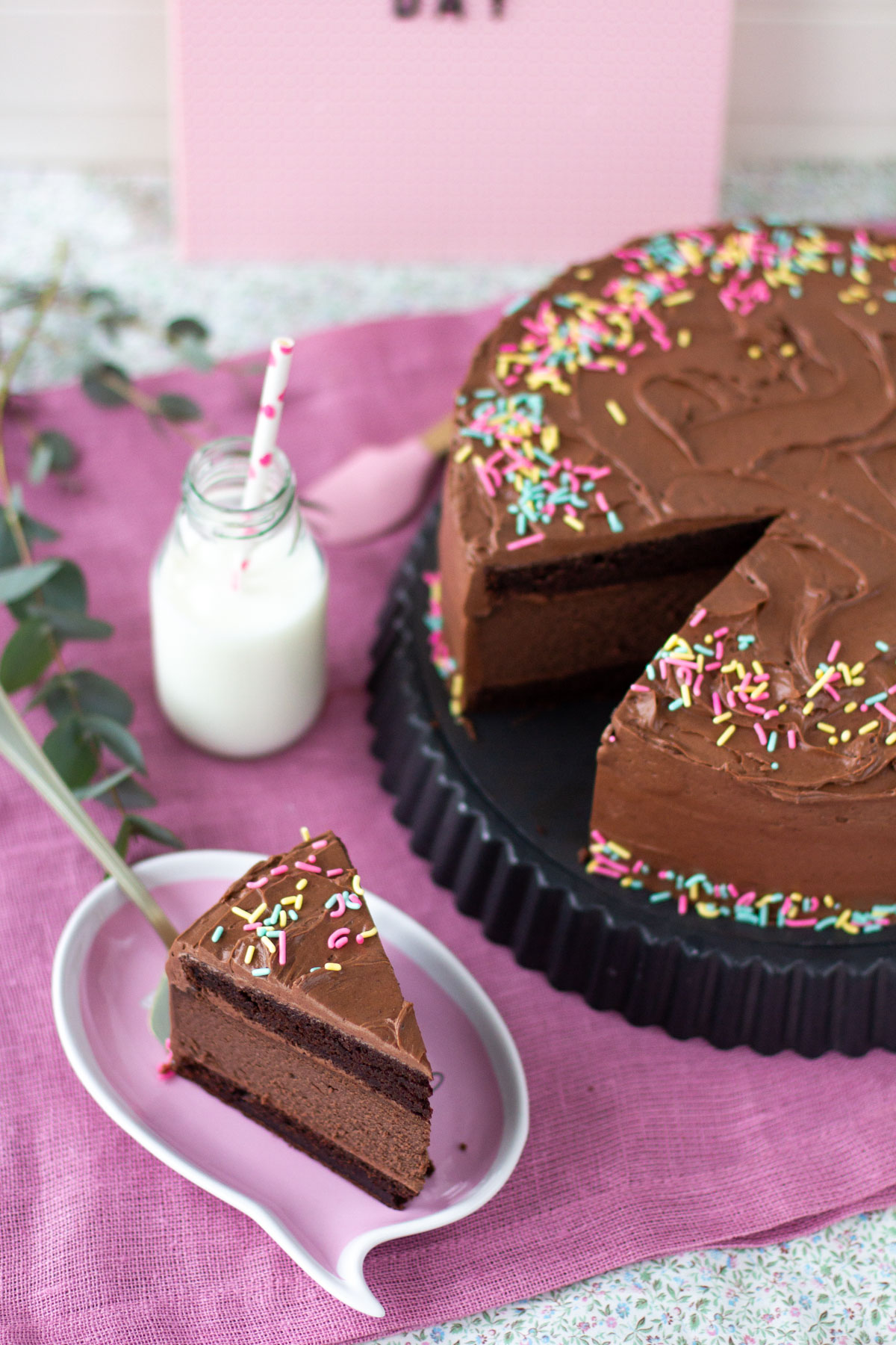 Suklaakakkupala ja herkullinen suklaakakku sekä maitopullo

