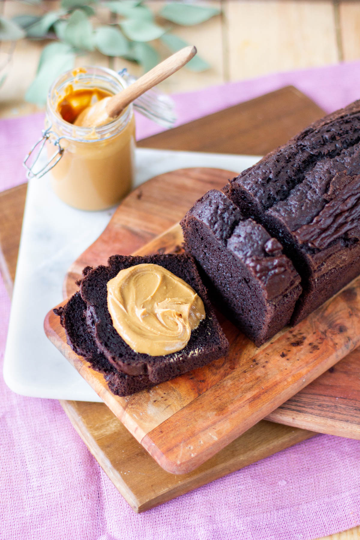 delicious chocolate cake with peanut butter spread
